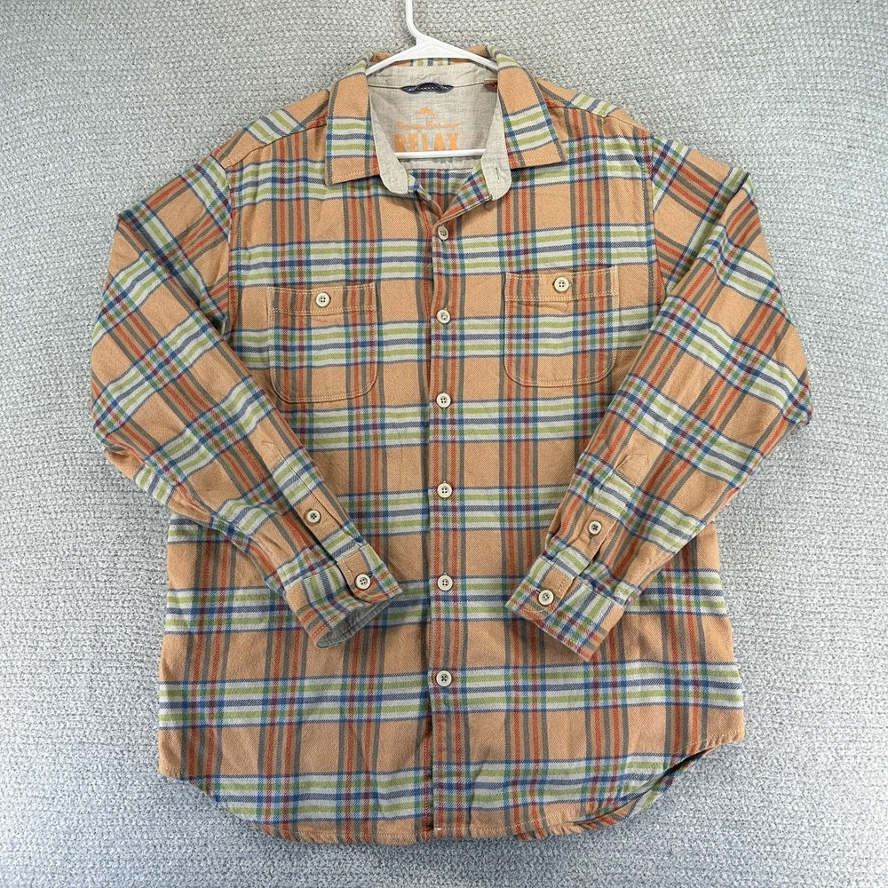 Tommy Bahama Relax Shirt Mens Large‎ Orange Plaid Flannel Time Cotton Button Up
